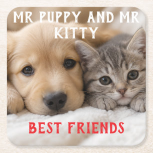 Schattige Slapende Puppy en Kitten Knuffelen Kartonnen Onderzetters