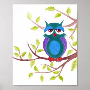 Schattige slapende uil in een boom Cartoon schilde Poster