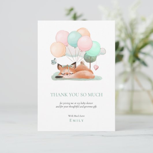 Schattige slapende vossballonnen motief Blauwgroen Bedankkaart (Staand voorkant)