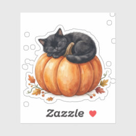 Schattige slapende zwarte kat op pompoen cozy herf sticker