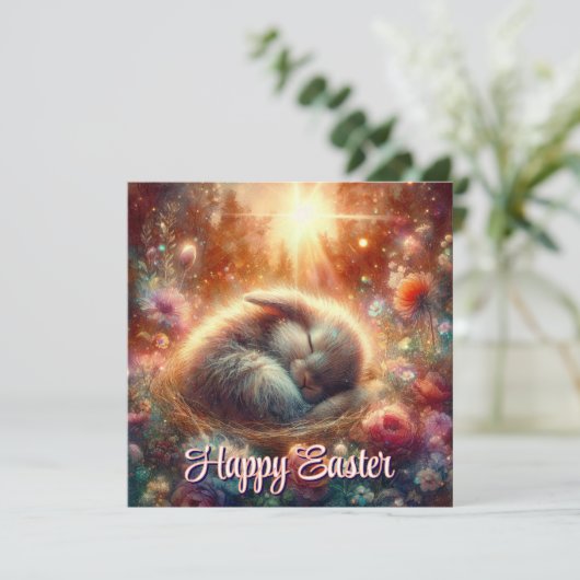 Schattige slaperig konijn in vredig bos Pasen Feestdagenkaart (Staand voorkant)