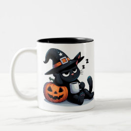 Schattige Slaperige Heks Kat & Pompoen Halloween Tweekleurige Koffiemok