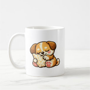Schattige slaperige puppy met kussen koffiemok
