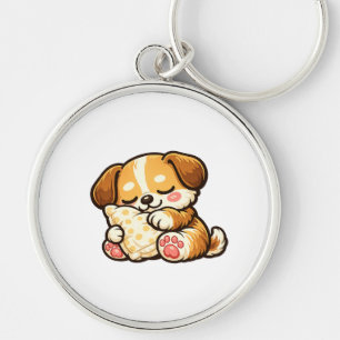 Schattige slaperige puppy met kussen sleutelhanger