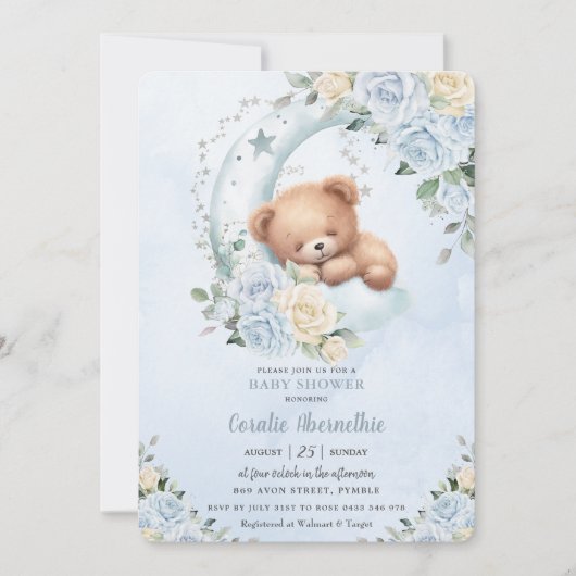 Schattige Sleepy Beer Moon Blue Floral Boy Baby sh Kaart (Voorkant)