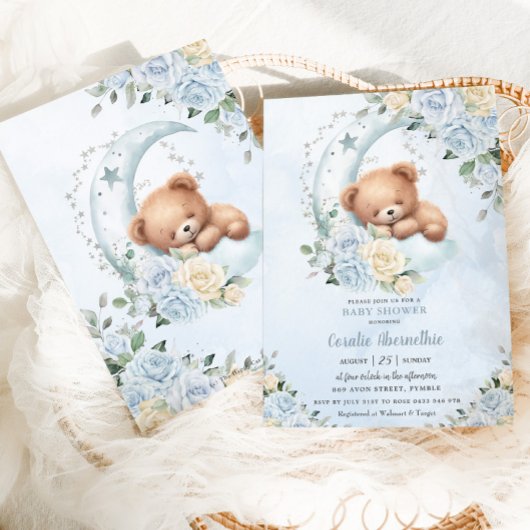 Schattige Sleepy Beer Moon Blue Floral Boy Baby sh Kaart