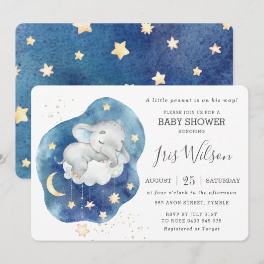 Schattige Sleepy Elephant Twinkle Star Baby shower Kaart (Voorkant / Achterkant)