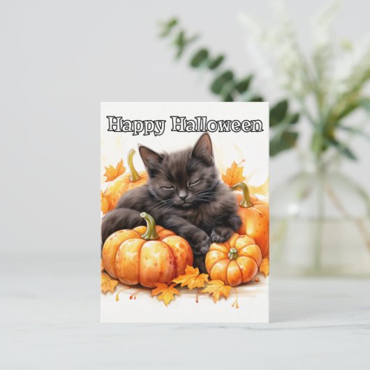 Schattige Sleepy Little Black Halloween Kitten Briefkaart (Staand voorkant)