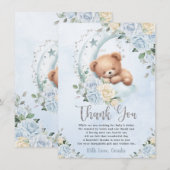Schattige Sleepy Teddy Bear Blue Floral Boy Baby s Bedankkaart (Voorkant / Achterkant)