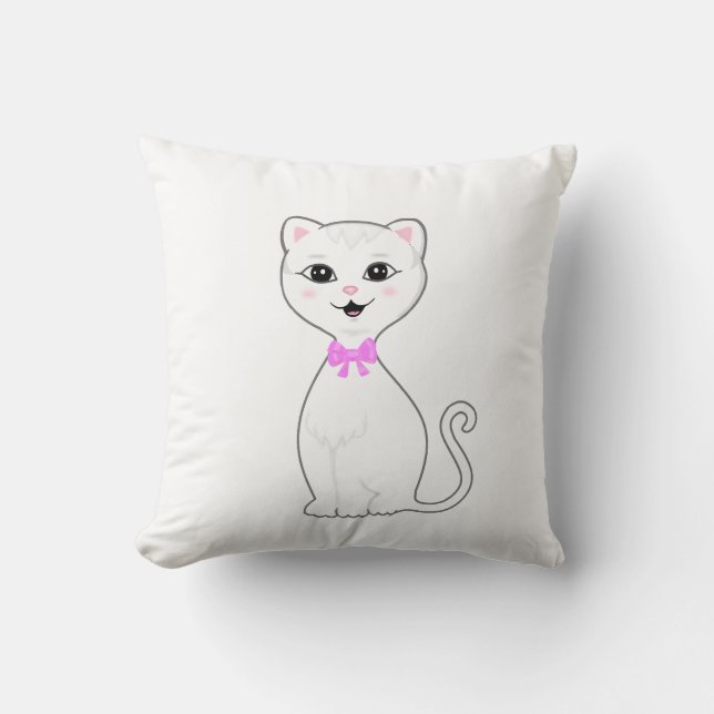 Schattige Slimme Witte Kat Cartoon Kussen (Voorkant)