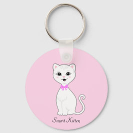 Schattige slimme witte kat cartoon op lichtroze sleutelhanger