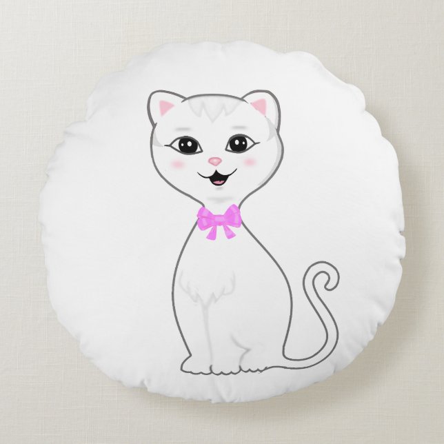Schattige slimme witte kat cartoon rond kussen (Voorkant)