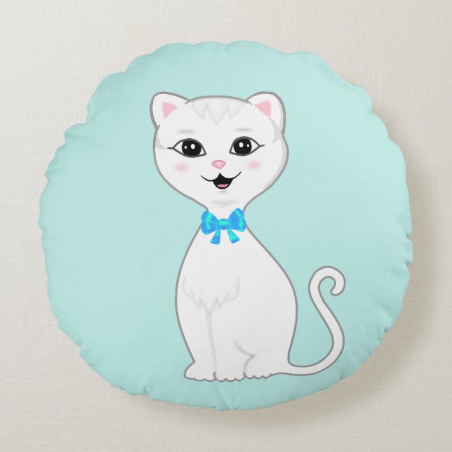 Schattige Slimme Witte Kat Cartoon Rond Kussen (Voorkant)