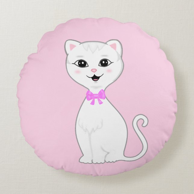 Schattige Slimme Witte Kat Cartoon Rond Kussen (Voorkant)