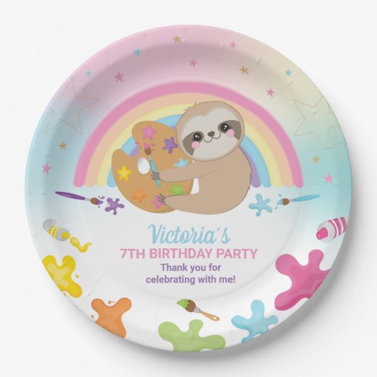 Schattige Sloth Art Craft Party Regenboog Verjaard Papieren Bordje (Voorkant)