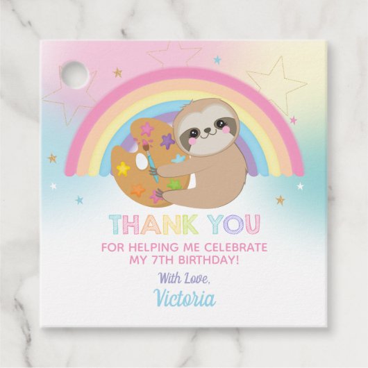 Schattige Sloth Art Verffeestje Verjaardag Dank u Bedankjes Labels (Voorkant)