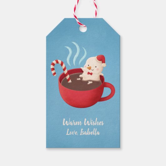 Schattige Sneeuw Man in Cup Warm Wishes Xmas Gift  Cadeaulabel (Voorkant)
