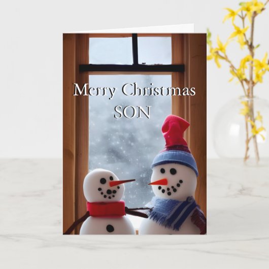 Schattige Sneeuw Vader & Zoon Kerstkaart Kaart (Gele Bloem)