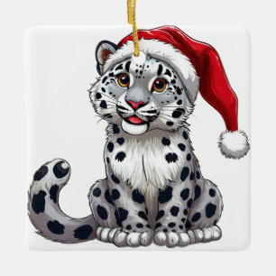 Schattige Sneeuwluipaard Cartoon in Kerstman Hoed Keramisch Ornament