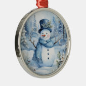 Schattige Sneeuwman Blauw Pet en Sjaal Bloemen Metalen Ornament (Rechts)