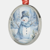 Schattige Sneeuwman Blauw Pet en Sjaal Bloemen Metalen Ornament (Links)