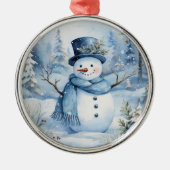 Schattige Sneeuwman Blauw Pet en Sjaal Bloemen Metalen Ornament (Voorkant)