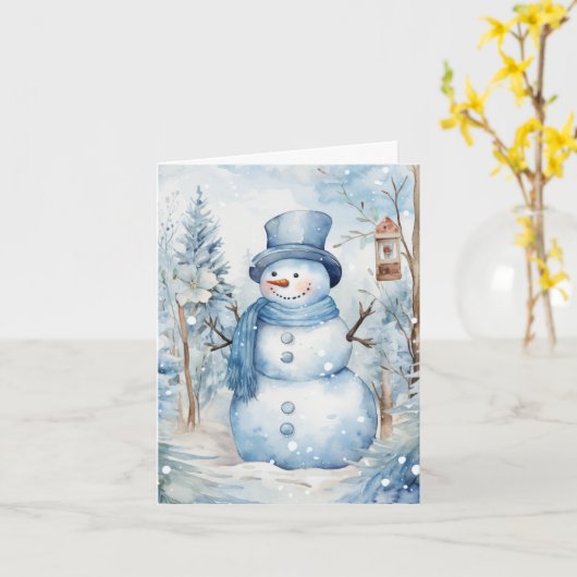 Schattige Sneeuwman Blauw Pet Sjaal Bomen Vogelhui Kaart (Gele Bloem)