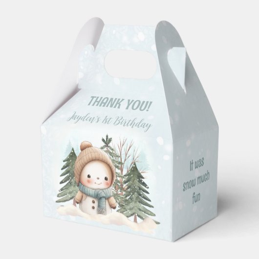Schattige Sneeuwman Blauw Winter 1e Verjaardag Fav Bedankdoosjes (Voorkant Zijde)