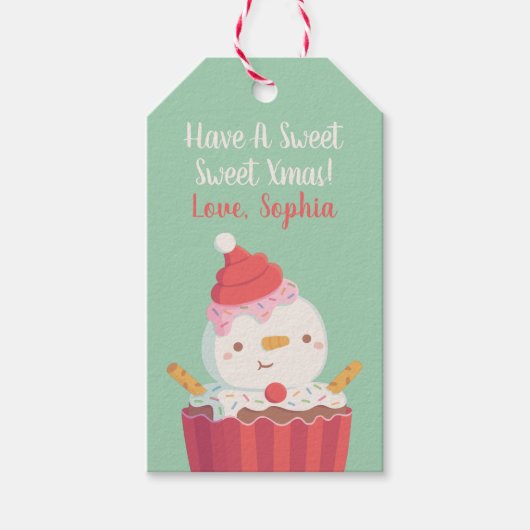 Schattige Sneeuwman Cupcake, Zoete Kerst Cadeaulabel (Voorkant)