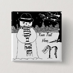 schattige sneeuwman die glimlacht op de sneeuwscèn vierkante button 5,1 cm