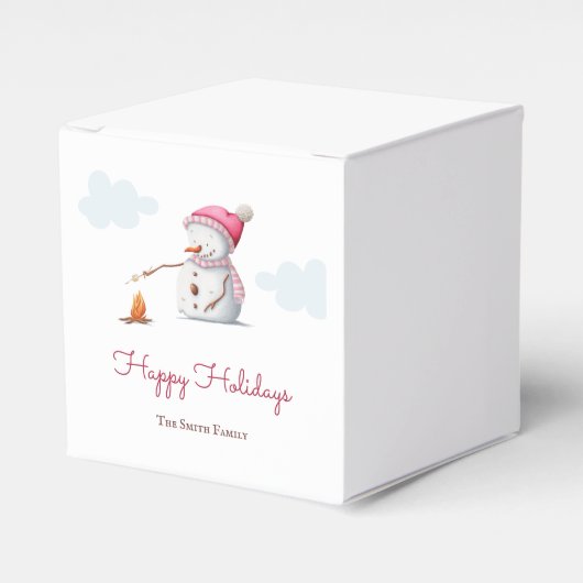 Schattige Sneeuwman die Marshmallows Roostert Kers Bedankdoosjes (Voorkant Zijde)
