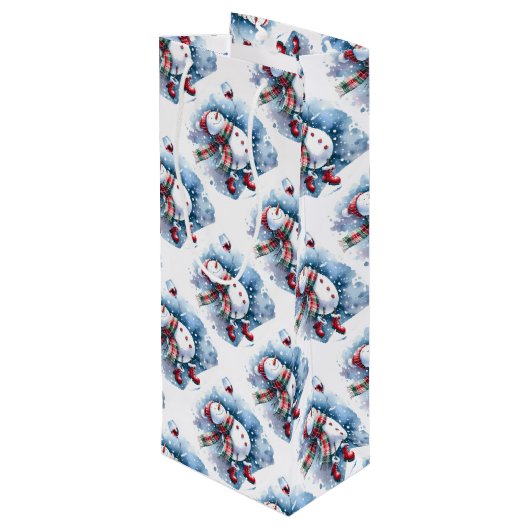 Schattige Sneeuwman Drinkt Wijn Cadeautas (Achterkant Gekanteld)
