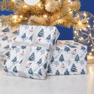 Schattige Sneeuwman En Besneeuwde Bomen Prettig Ke Cadeaupapier