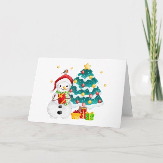 Schattige sneeuwman en kerstboom kaart (Voorkant)