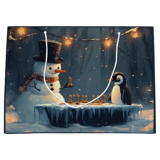 Schattige sneeuwman en pinguïn spelen schaken groot cadeauzakje (Voorkant)