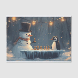 Schattige sneeuwman en pinguïn spelen schaken tissuepapier