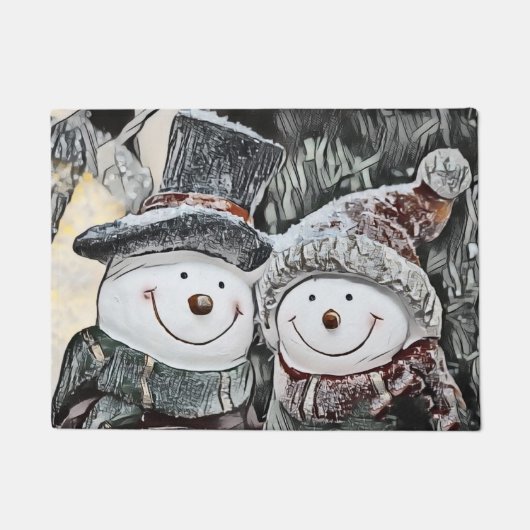  Schattige Sneeuwman en Sneeuwvrouw Tekening Deurmat (Voorkant)