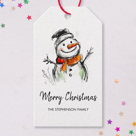 Schattige Sneeuwman Handgetekende Schets Prettig K Cadeaulabel