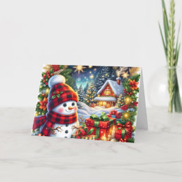 Schattige Sneeuwman in Geruite Hoed Kerstmis Feestdagen Kaart
