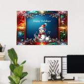 Schattige Sneeuwman in Glas-in-Lood Frame Poster (Thuiskantoor)