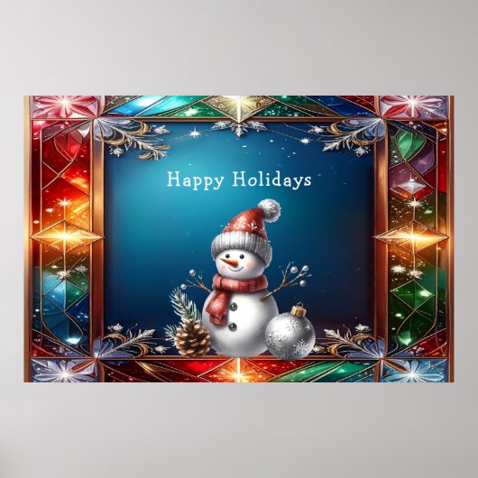 Schattige Sneeuwman in Glas-in-Lood Frame Poster (Voorkant)