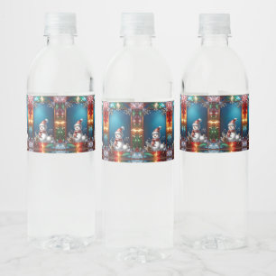 Schattige Sneeuwman in Glas-in-Lood Frame Waterfles Etiket
