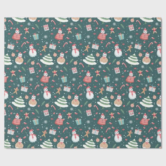 Schattige sneeuwman kerstpatroon cadeaupapier (Vlak)