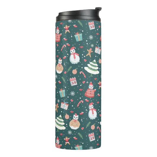 Schattige sneeuwman kerstpatroon thermosbeker (Gedraaid links)