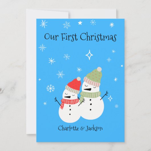 Schattige sneeuwman koppel eerste kerstvakantie feestdagenkaart (Voorkant)