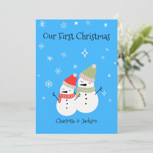 Schattige sneeuwman koppel eerste kerstvakantie feestdagenkaart (Staand voorkant)