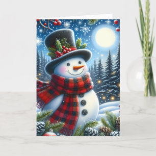 Schattige sneeuwman met plaid sjaal en hoge hoed feestdagen kaart