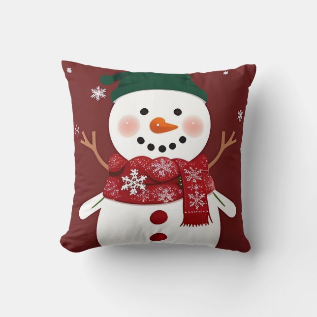 Schattige Sneeuwman met Rode Sjaal Kussen (Voorkant)