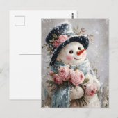 Schattige Sneeuwman met Roze Rozen Briefkaart (Voorkant / Achterkant)