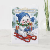 Schattige Sneeuwman op slee Kerstmis Kaart (Voorkant)